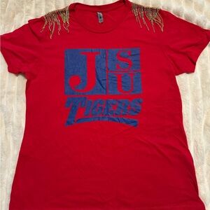 Red JSU Tigers T-Shirt with Beaded Shoulders